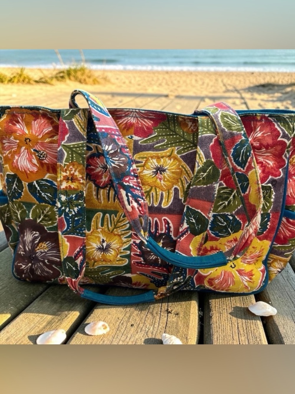 Boho Canvas Floral Tote  Beach Bag - Multicolor
